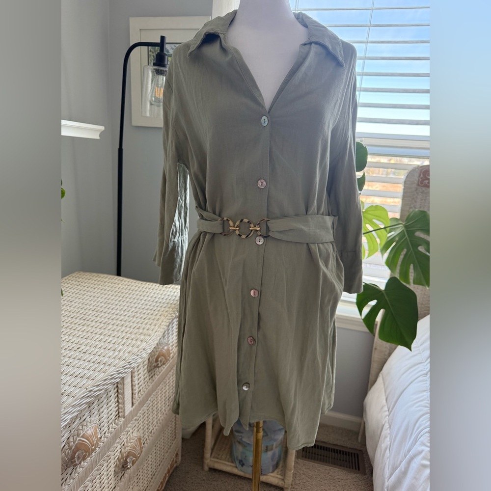 Zara Light Sage Button-Down Dress with Belt
